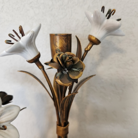 Vintage Brass & Porcelain Hollywood Regency Ceramic Candlestick Holder Set - Picture 4 of 7